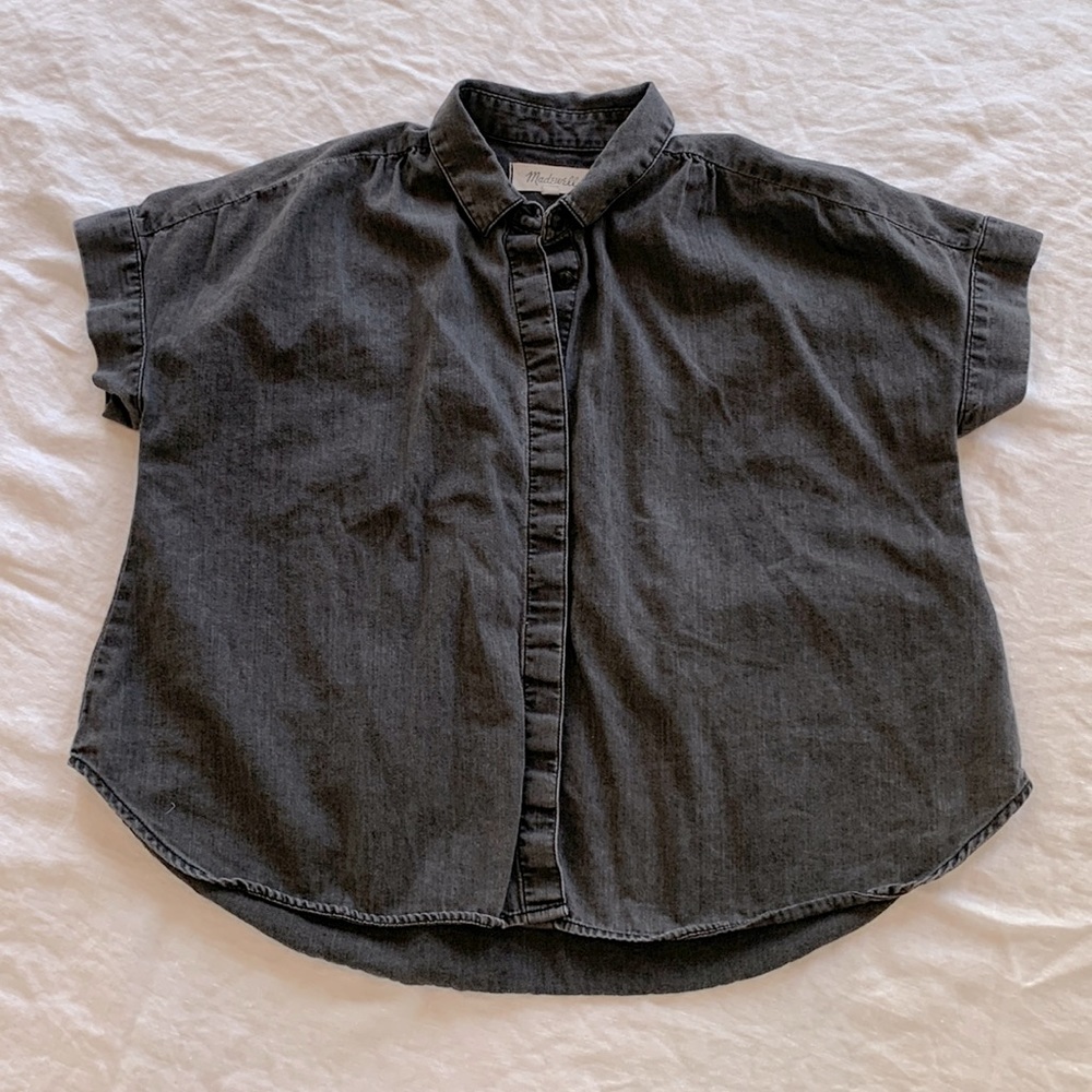 Madewell Denim Chambray Short Sleeve Button Down Top XS (Charcoal/Black)